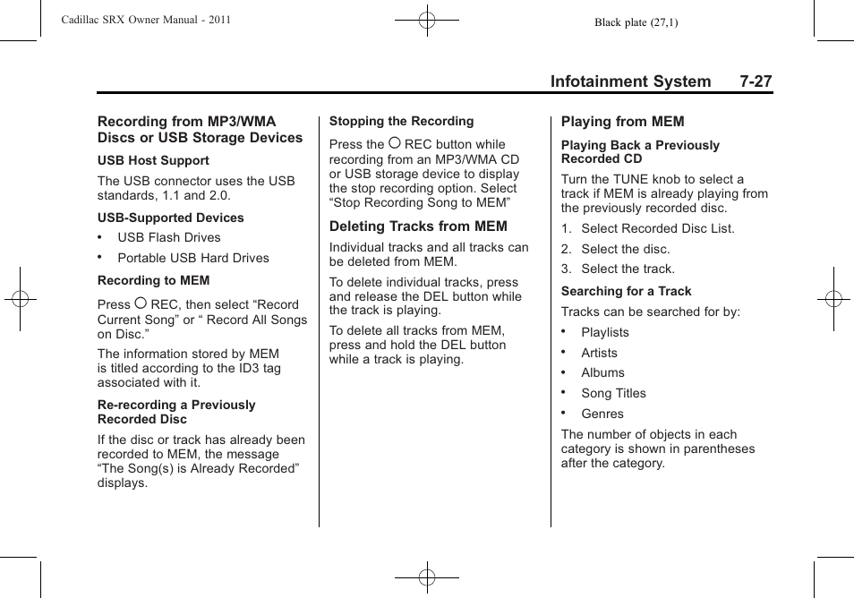 Infotainment system 7-27 | Cadillac 2011 SRX User Manual | Page 233 / 502