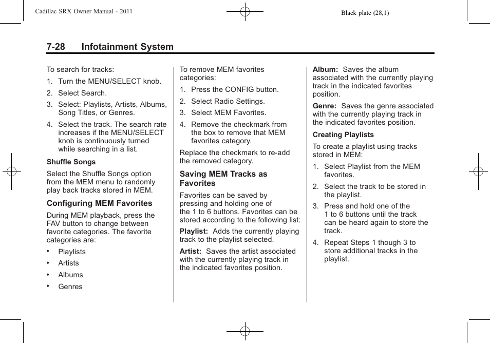 28 infotainment system | Cadillac 2011 SRX User Manual | Page 234 / 502