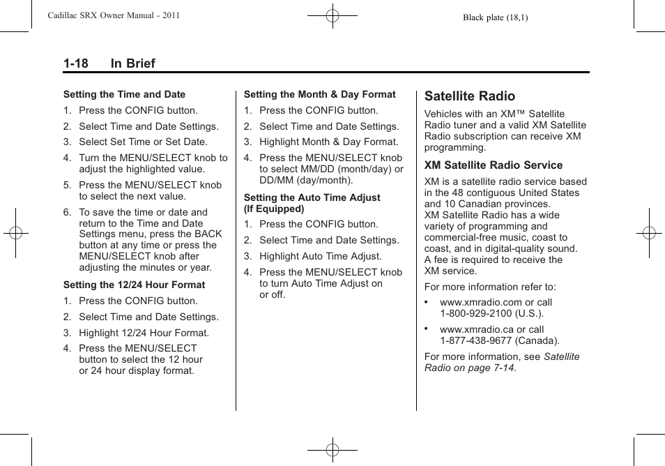 Satellite radio, Radio -18, 18 in brief | Cadillac 2011 SRX User Manual | Page 24 / 502