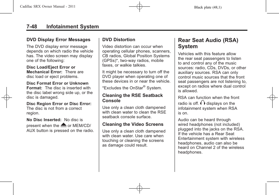 Rear seat audio (rsa) system, Rsa) | Cadillac 2011 SRX User Manual | Page 254 / 502