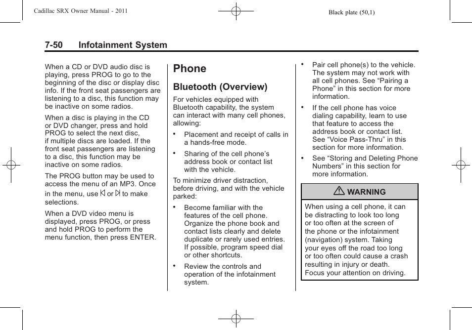 Phone, Bluetooth (overview), Phone -50 | Bluetooth (overview) -50, 50 infotainment system | Cadillac 2011 SRX User Manual | Page 256 / 502