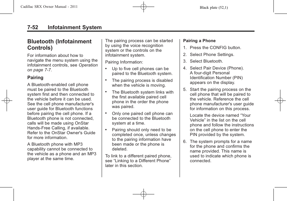 Bluetooth (infotainment controls), Bluetooth (infotainment, Controls) -52 | Many audio and, 52 infotainment system | Cadillac 2011 SRX User Manual | Page 258 / 502