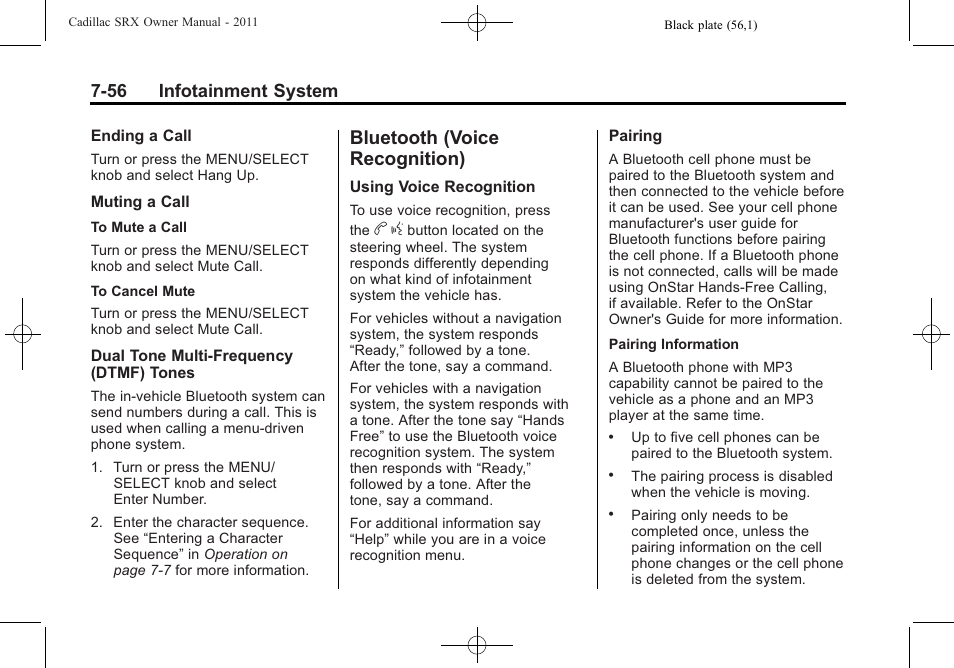 Bluetooth (voice recognition), Bluetooth (voice, Recognition) -56 | 56 infotainment system | Cadillac 2011 SRX User Manual | Page 262 / 502