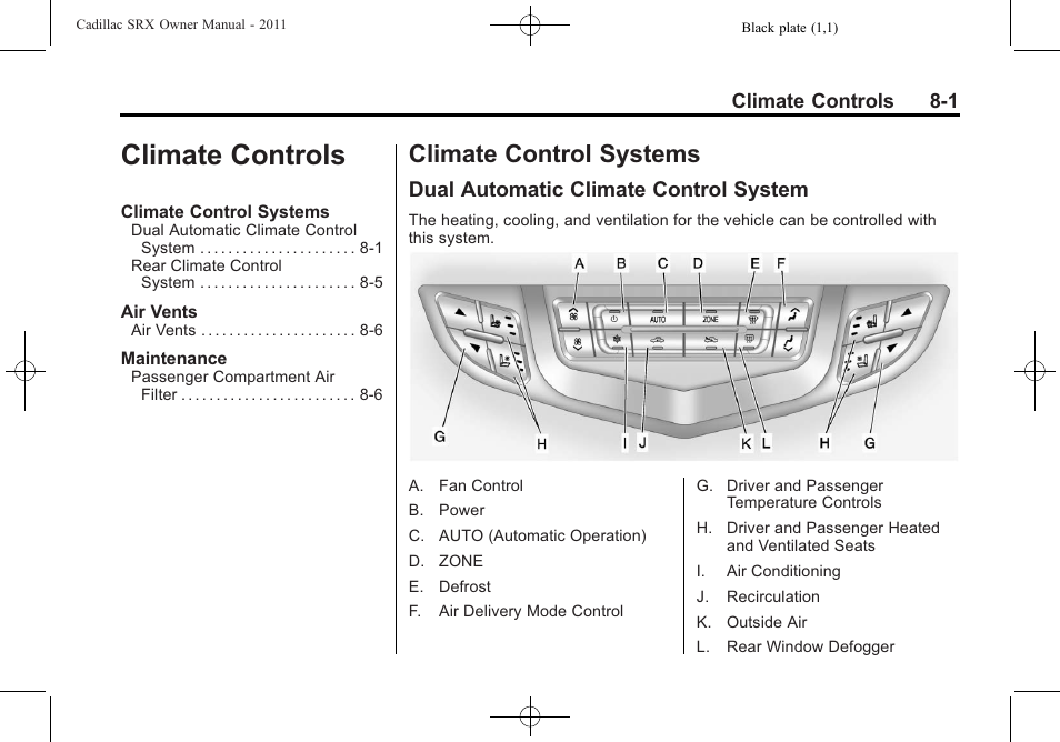 Climate controls, Climate control systems, Dual automatic climate control system | Climate controls -1, Control systems -1, Dual automatic climate control | Cadillac 2011 SRX User Manual | Page 269 / 502