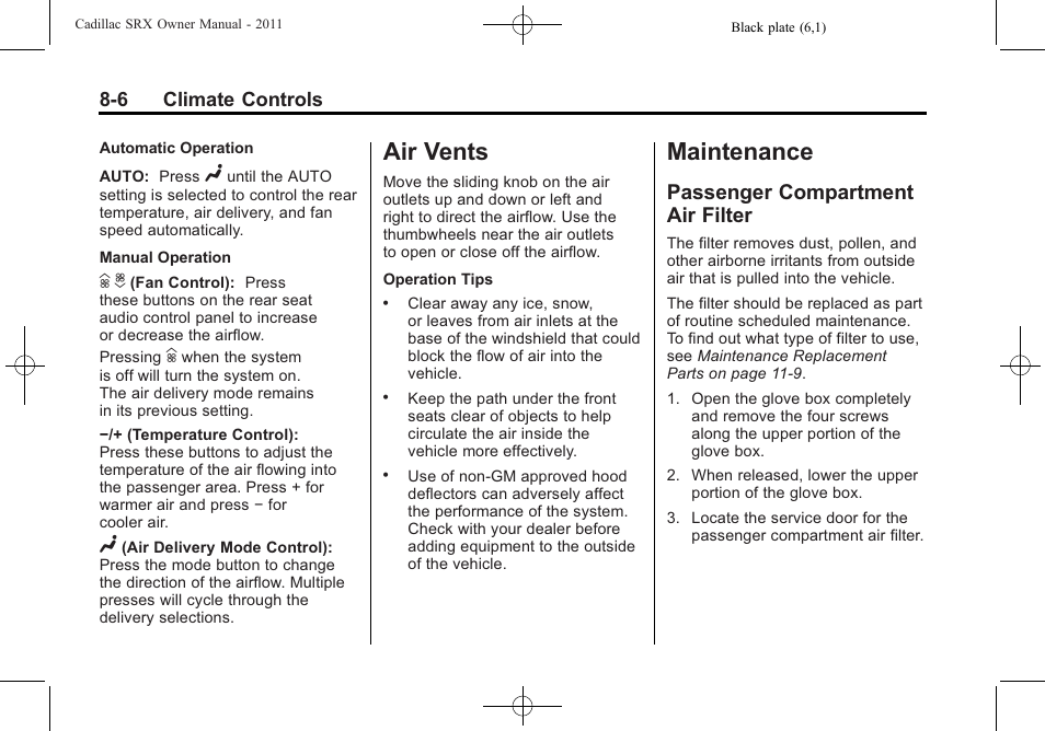 Air vents, Maintenance, Passenger compartment air filter | Air vents -6, Passenger compartment air, Filter -6 | Cadillac 2011 SRX User Manual | Page 274 / 502