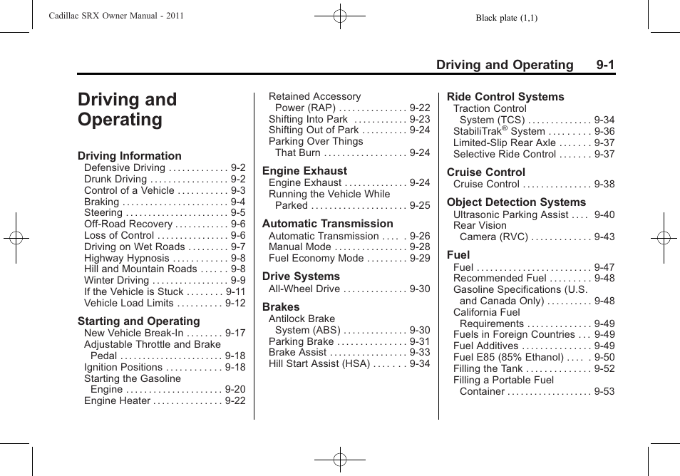 Driving and operating, Driving and operating -1, Driving and operating 9-1 | Cadillac 2011 SRX User Manual | Page 277 / 502