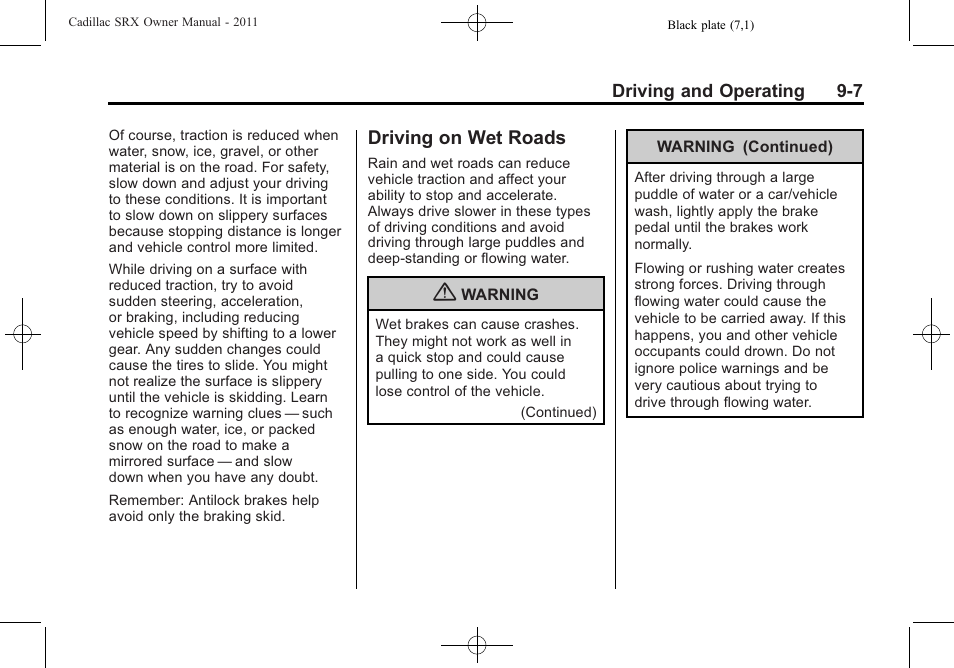 Driving on wet roads, Driving on wet roads -7, Manual | Cadillac 2011 SRX User Manual | Page 283 / 502