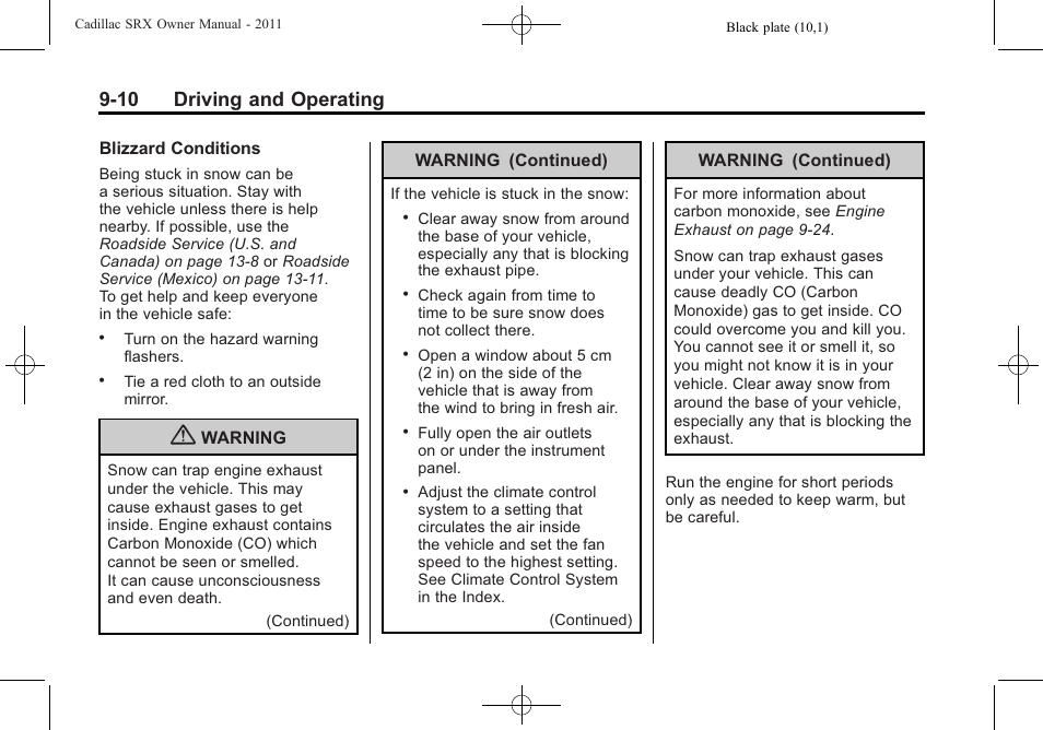 10 driving and operating | Cadillac 2011 SRX User Manual | Page 286 / 502