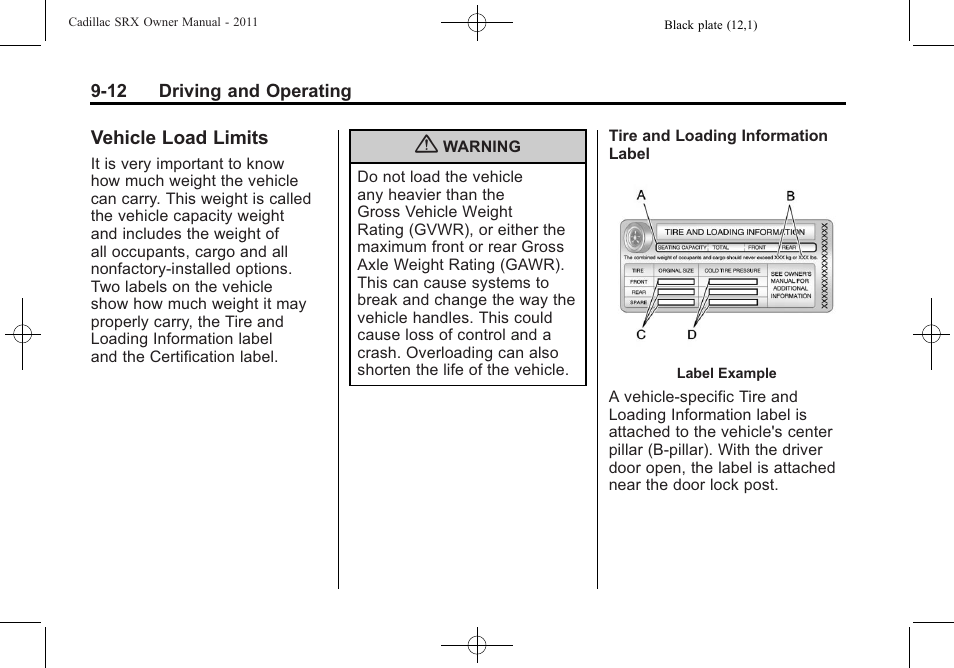 Vehicle load limits, Vehicle load limits -12, Brakes | Cadillac 2011 SRX User Manual | Page 288 / 502