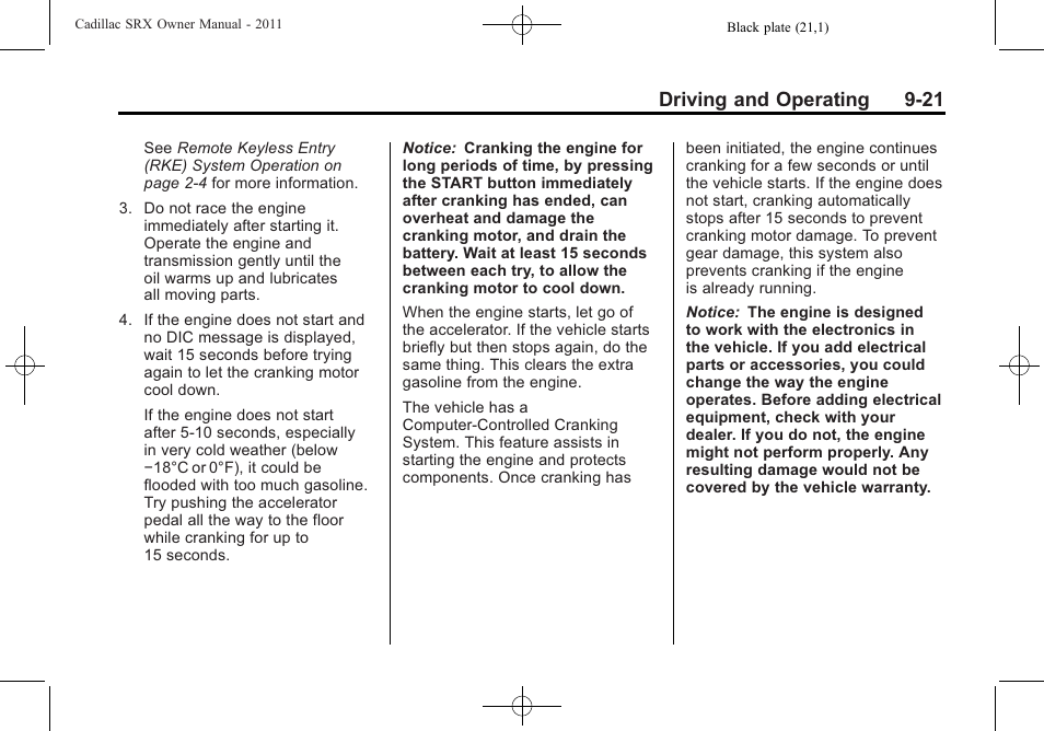 Driving and operating 9-21 | Cadillac 2011 SRX User Manual | Page 297 / 502
