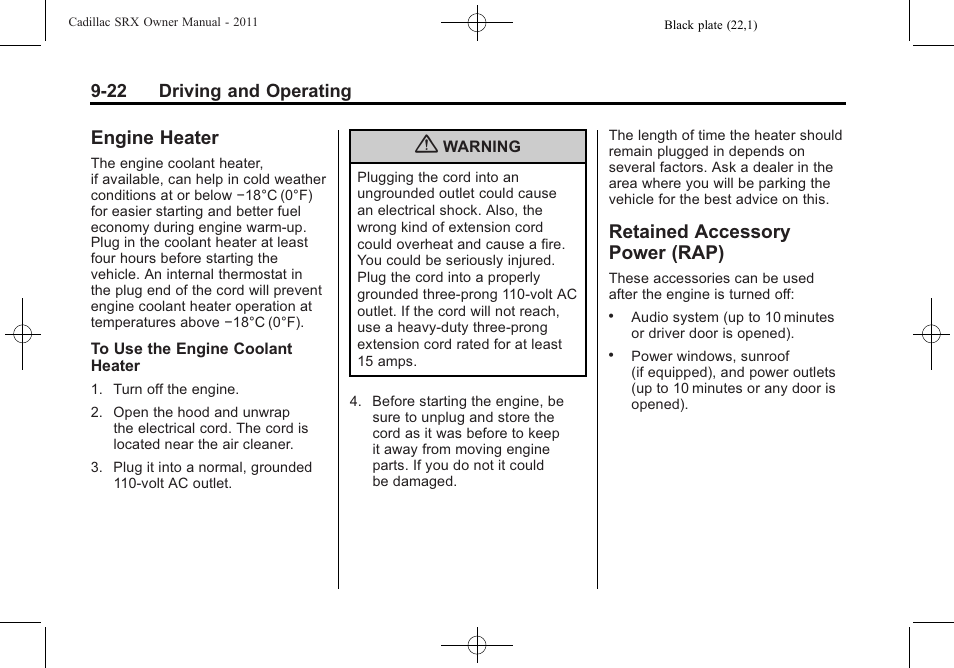 Engine heater, Retained accessory power (rap), Engine heater -22 | Retained accessory, Power (rap) -22 | Cadillac 2011 SRX User Manual | Page 298 / 502