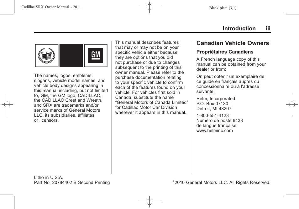 Introduction, Canadian vehicle owners, Introduction iii | Cadillac 2011 SRX User Manual | Page 3 / 502