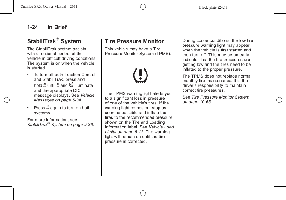 Stabilitrak® system, Tire pressure monitor, Stabilitrak | System -24, Tire pressure monitor -24, System | Cadillac 2011 SRX User Manual | Page 30 / 502