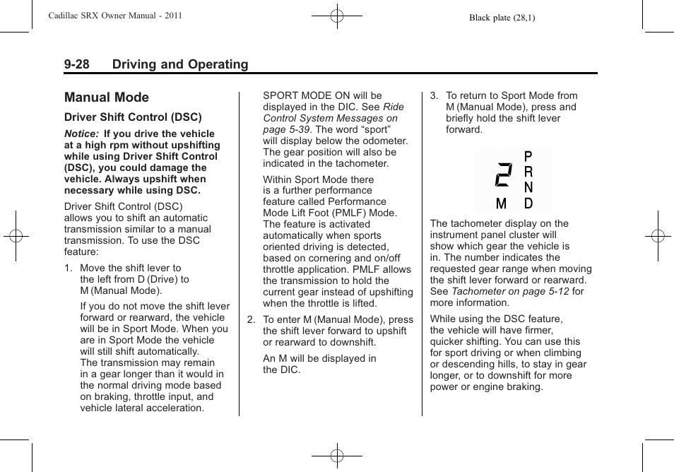 Manual mode, Mode -28, 28 driving and operating | Cadillac 2011 SRX User Manual | Page 304 / 502