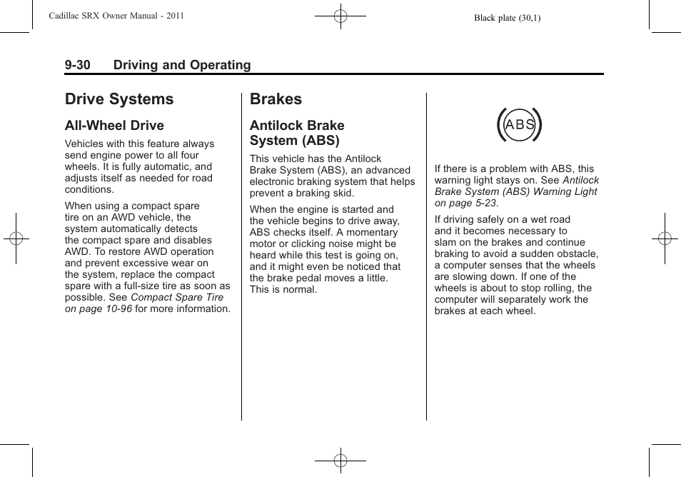 Drive systems, All-wheel drive, Brakes | Antilock brake system (abs), All-wheel drive -30, Antilock brake, System (abs) -30, Fuels | Cadillac 2011 SRX User Manual | Page 306 / 502