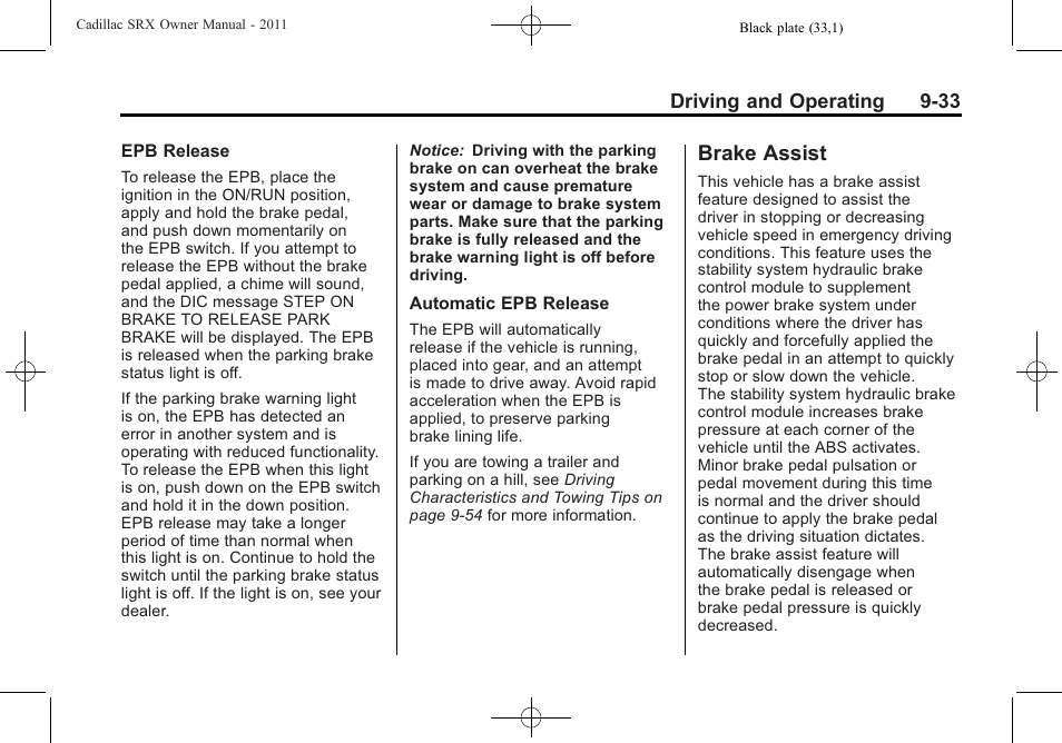 Brake assist, Brake assist -33 | Cadillac 2011 SRX User Manual | Page 309 / 502