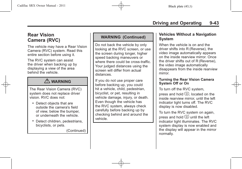 Rear vision camera (rvc), Rear vision, Camera (rvc) -43 | Cadillac 2011 SRX User Manual | Page 319 / 502