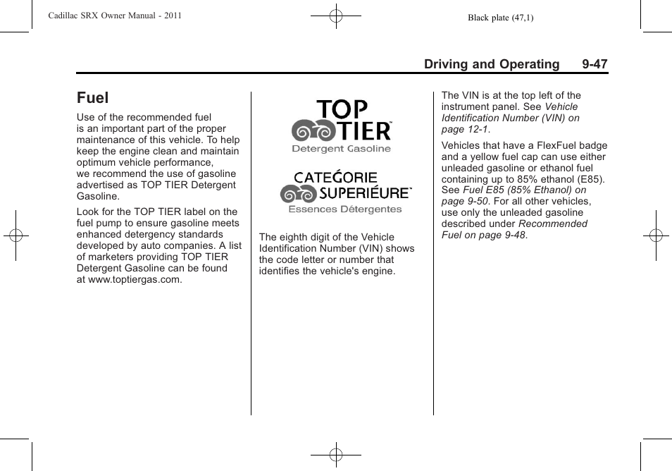 Fuel, Fuel -47 | Cadillac 2011 SRX User Manual | Page 323 / 502