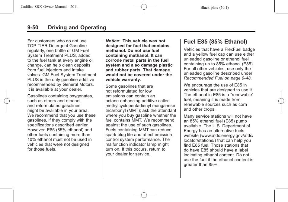 Fuel e85 (85% ethanol), Fuel e85 (85% ethanol) -50 | Cadillac 2011 SRX User Manual | Page 326 / 502