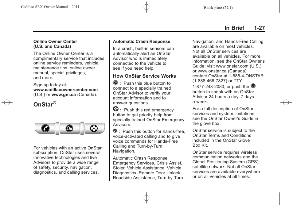 Onstar | Cadillac 2011 SRX User Manual | Page 33 / 502