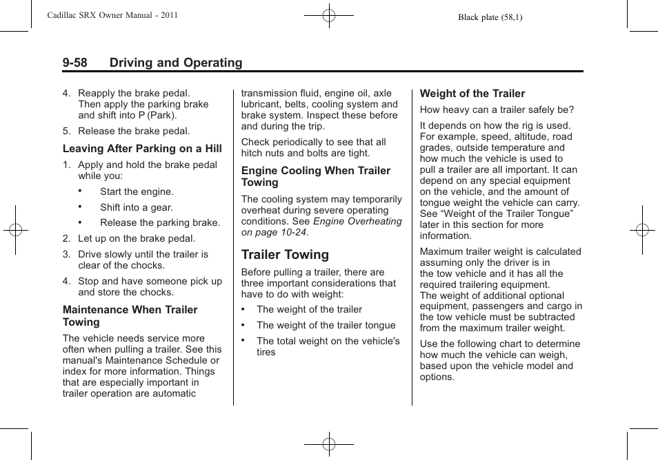 Trailer towing, Trailer towing -58, Expect | 58 driving and operating | Cadillac 2011 SRX User Manual | Page 334 / 502