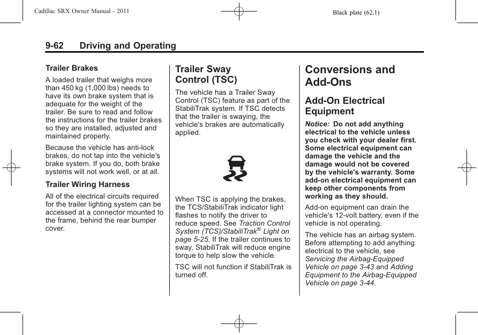 Trailer sway control (tsc), Conversions and add-ons, Add-on electrical equipment | And add-ons -62, Trailer sway, Control (tsc) -62, Add-on electrical, Equipment -62 | Cadillac 2011 SRX User Manual | Page 338 / 502