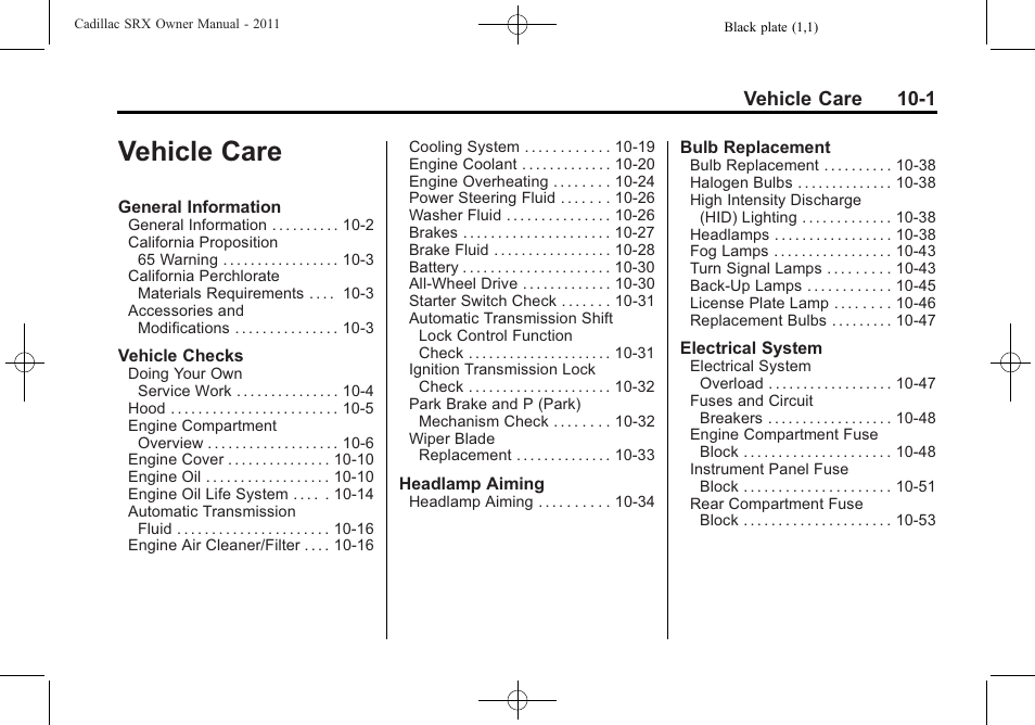 Vehicle care, Vehicle care -1, Vehicle care 10-1 | Cadillac 2011 SRX User Manual | Page 339 / 502