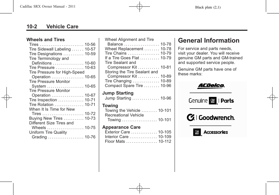 General information, General information -2, Vehicle | 2 vehicle care | Cadillac 2011 SRX User Manual | Page 340 / 502