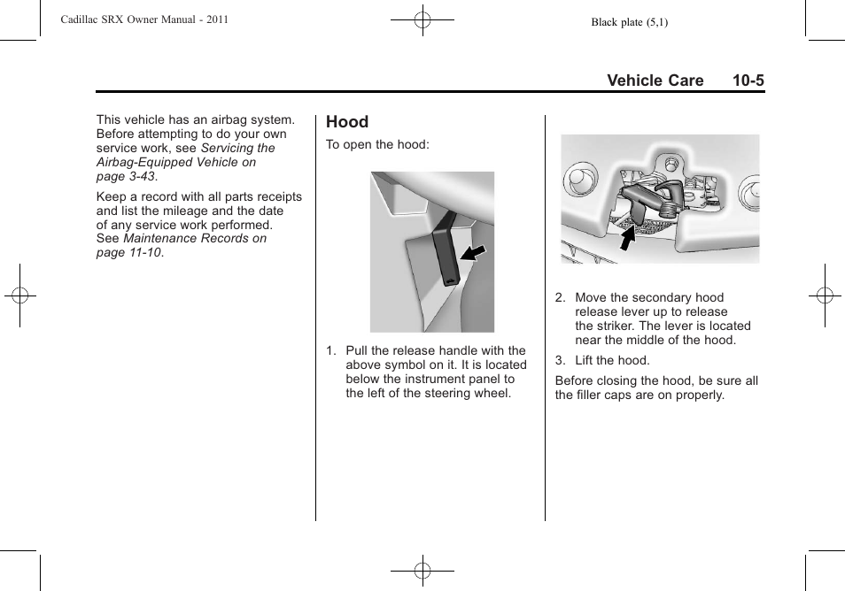 Hood, Hood -5 | Cadillac 2011 SRX User Manual | Page 343 / 502