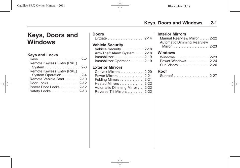 Keys, doors and windows, Keys, doors and windows -1 | Cadillac 2011 SRX User Manual | Page 35 / 502