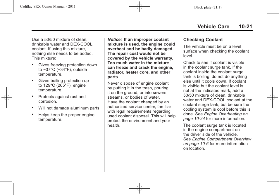 Vehicle care 10-21 | Cadillac 2011 SRX User Manual | Page 359 / 502