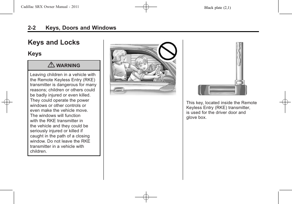 Keys and locks, Keys, Keys and locks -2 | Indicators, Keys -2 | Cadillac 2011 SRX User Manual | Page 36 / 502