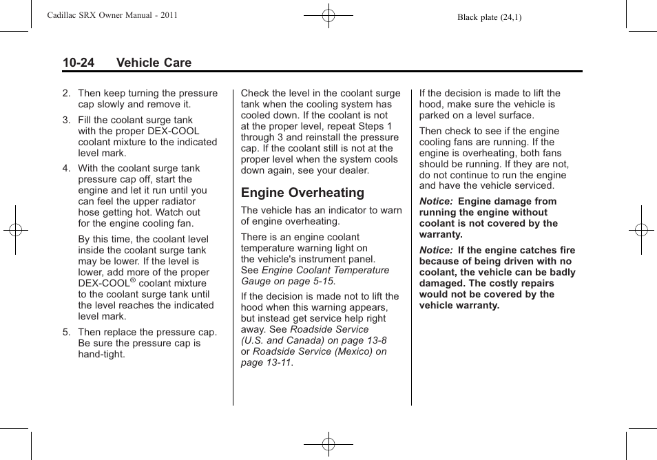 Engine overheating, Engine overheating -24, Halogen | 24 vehicle care | Cadillac 2011 SRX User Manual | Page 362 / 502