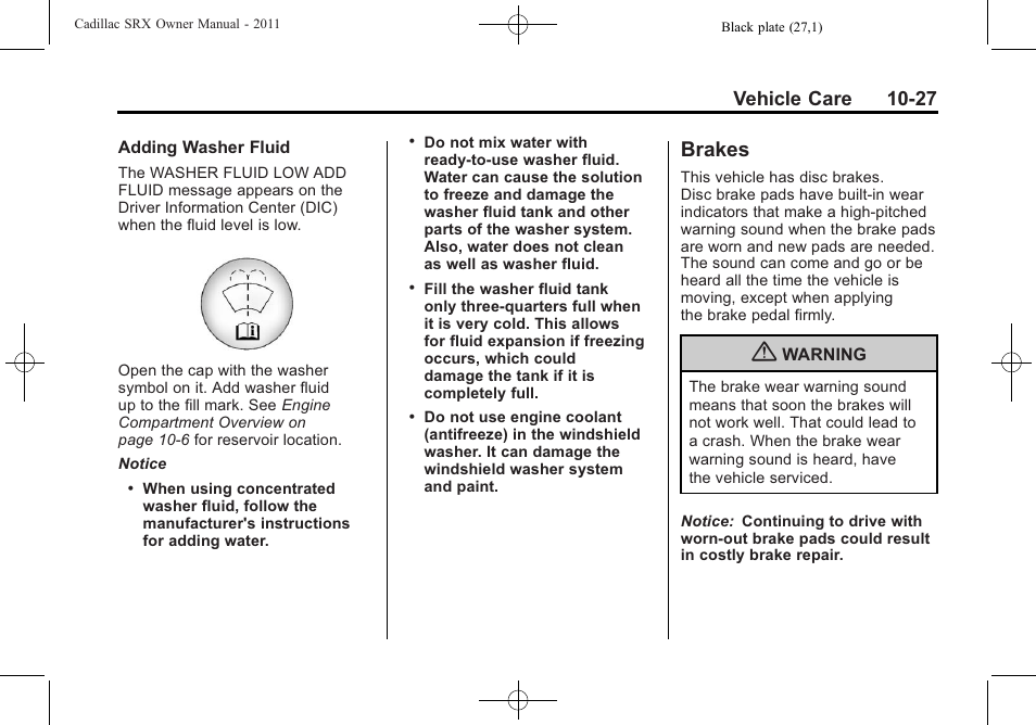 Brakes, Brakes -27, Headlamps | Vehicle care 10-27 | Cadillac 2011 SRX User Manual | Page 365 / 502