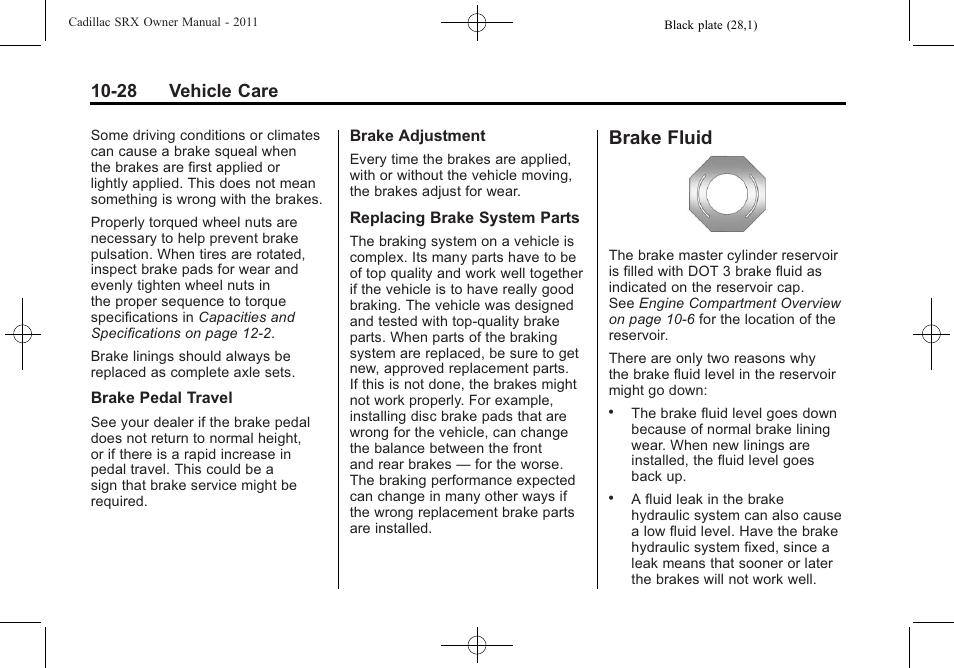 Brake fluid, Brake fluid -28, 28 vehicle care | Cadillac 2011 SRX User Manual | Page 366 / 502