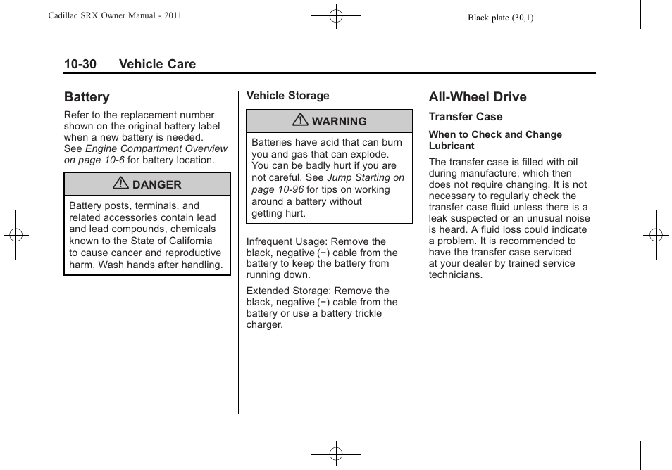 Battery, All-wheel drive, Battery -30 all-wheel drive -30 | Cadillac 2011 SRX User Manual | Page 368 / 502