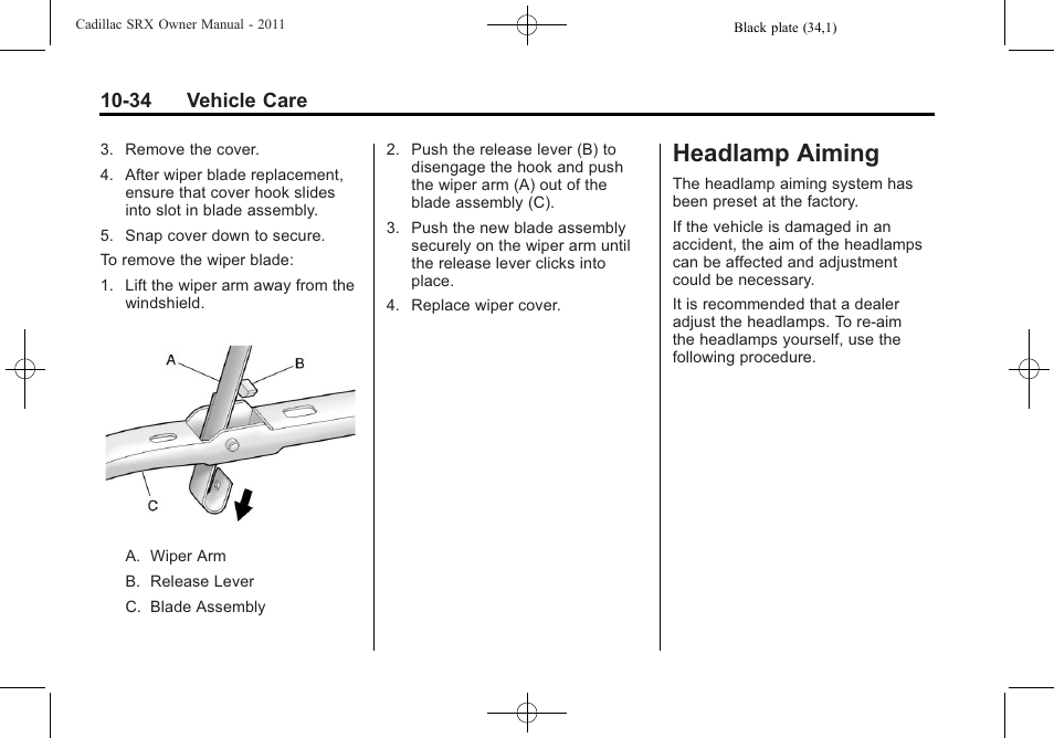 Headlamp aiming, Headlamp aiming -34, 34 vehicle care | Cadillac 2011 SRX User Manual | Page 372 / 502