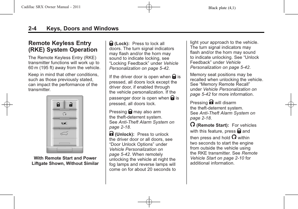 Remote keyless entry (rke) system operation, Remote keyless entry (rke), System operation -4 | Power | Cadillac 2011 SRX User Manual | Page 38 / 502