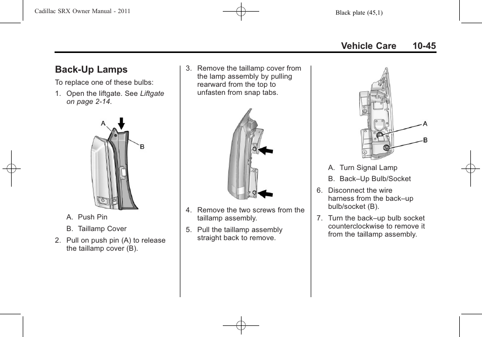 Back-up lamps, Back-up lamps -45, Vehicle care 10-45 | Cadillac 2011 SRX User Manual | Page 383 / 502