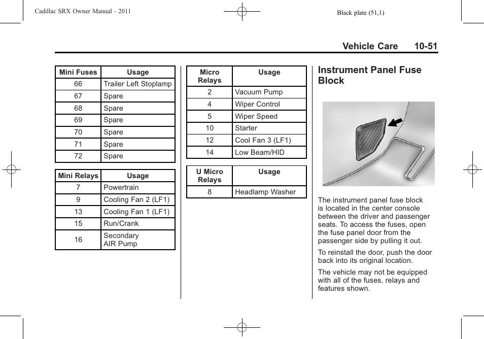 Instrument panel fuse block, Instrument panel fuse, Block -51 | Vehicle care 10-51 | Cadillac 2011 SRX User Manual | Page 389 / 502