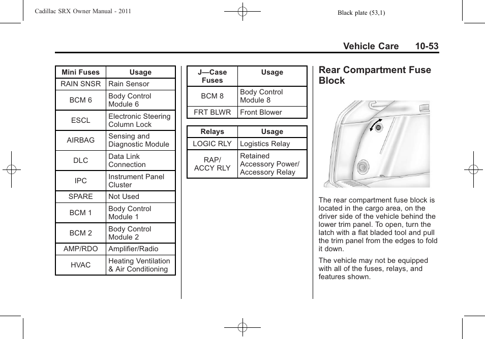Rear compartment fuse block, Rear compartment fuse, Block -53 | Vehicle care 10-53 | Cadillac 2011 SRX User Manual | Page 391 / 502