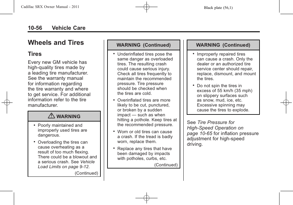 Wheels and tires, Tires, Wheels and tires -56 | Reporting safety defects -17, Tires -56, 56 vehicle care | Cadillac 2011 SRX User Manual | Page 394 / 502