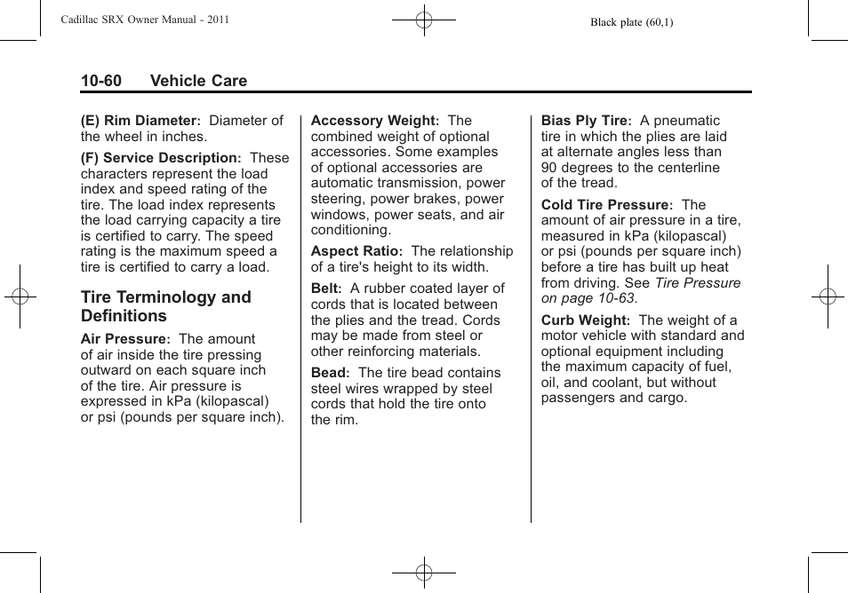 Tire terminology and definitions, Tire terminology and, Definitions -60 | Cadillac 2011 SRX User Manual | Page 398 / 502