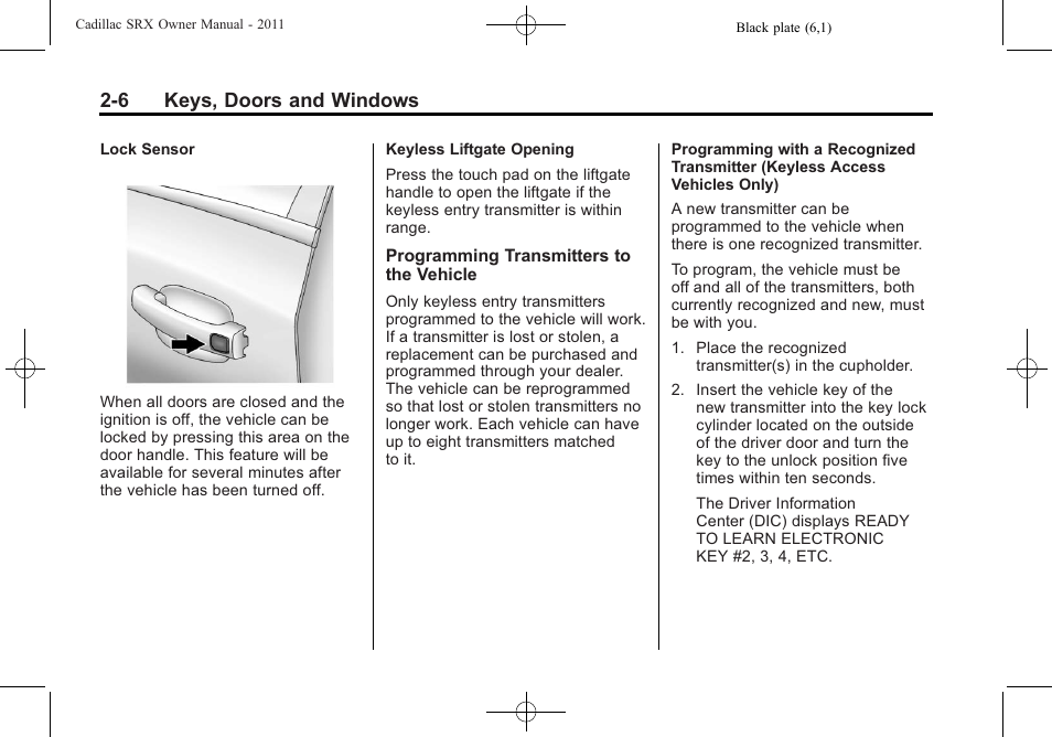 6 keys, doors and windows | Cadillac 2011 SRX User Manual | Page 40 / 502