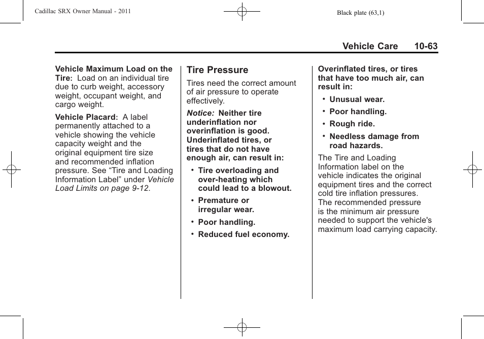 Tire pressure, Tire pressure -63, Vehicle care 10-63 | Cadillac 2011 SRX User Manual | Page 401 / 502