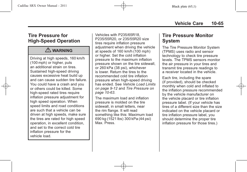 Tire pressure for high-speed operation, Tire pressure monitor system, Tire pressure for high-speed | Operation -65, Tire pressure monitor, System -65 | Cadillac 2011 SRX User Manual | Page 403 / 502