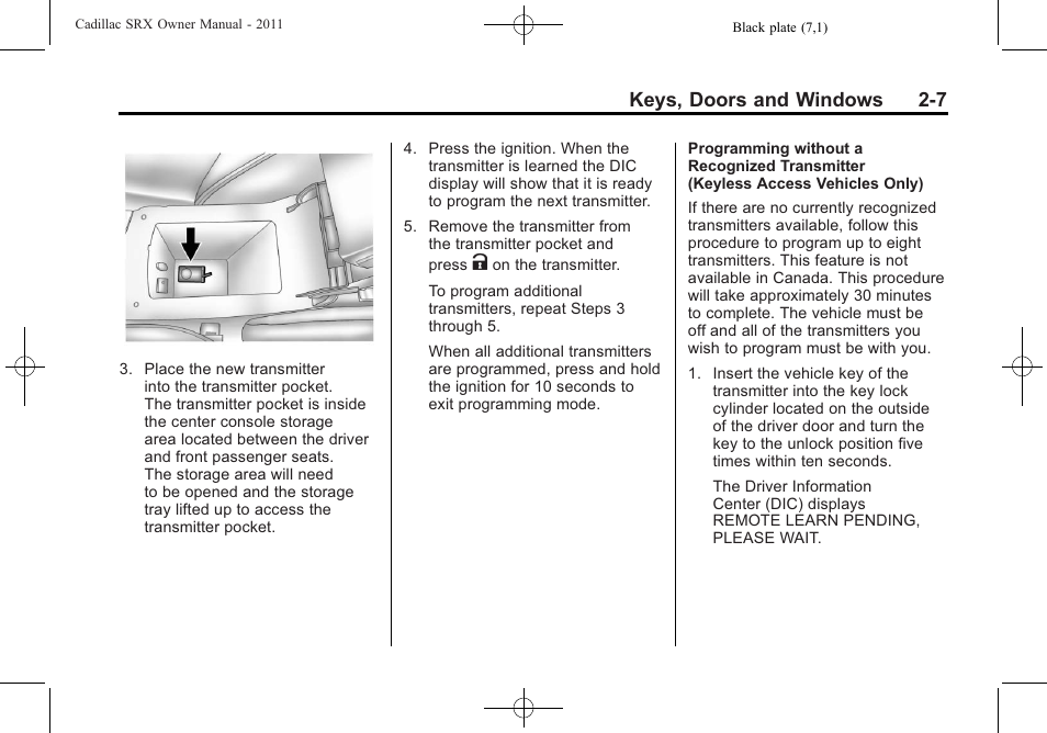 Keys, doors and windows 2-7 | Cadillac 2011 SRX User Manual | Page 41 / 502