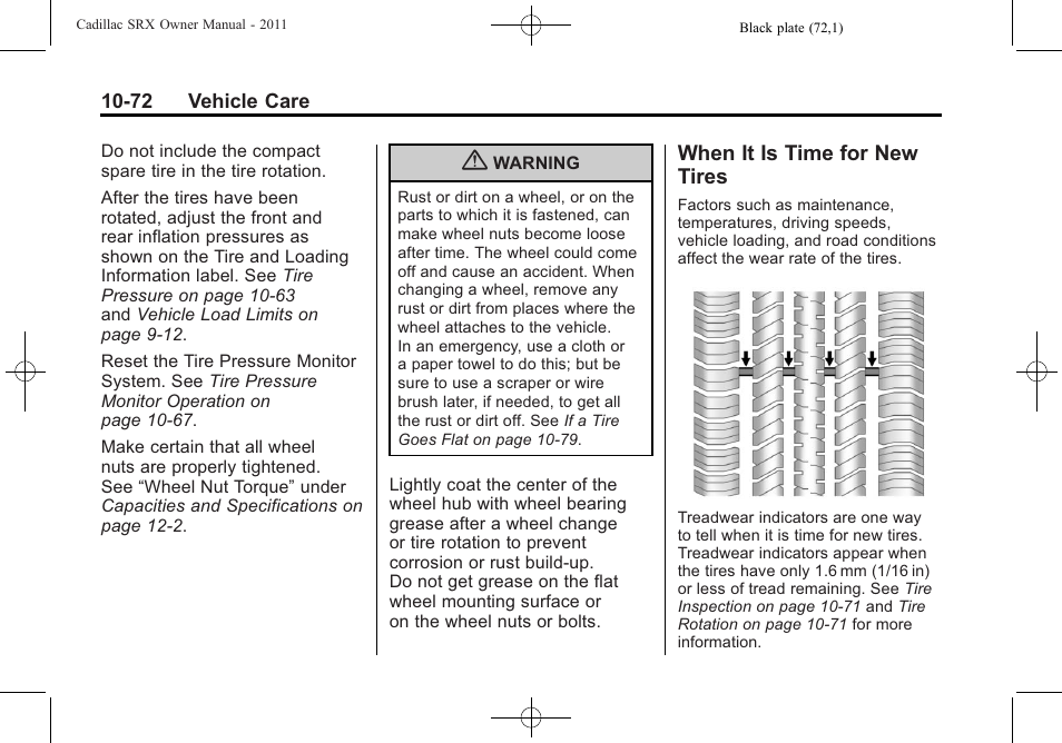 When it is time for new tires, When it is time for new, Tires -72 | Cadillac 2011 SRX User Manual | Page 410 / 502