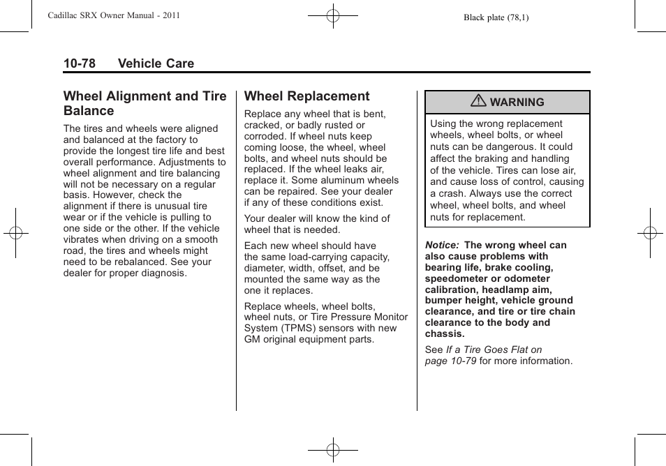 Wheel alignment and tire balance, Wheel replacement, Wheel alignment and tire | Balance -78, Wheel replacement -78 | Cadillac 2011 SRX User Manual | Page 416 / 502