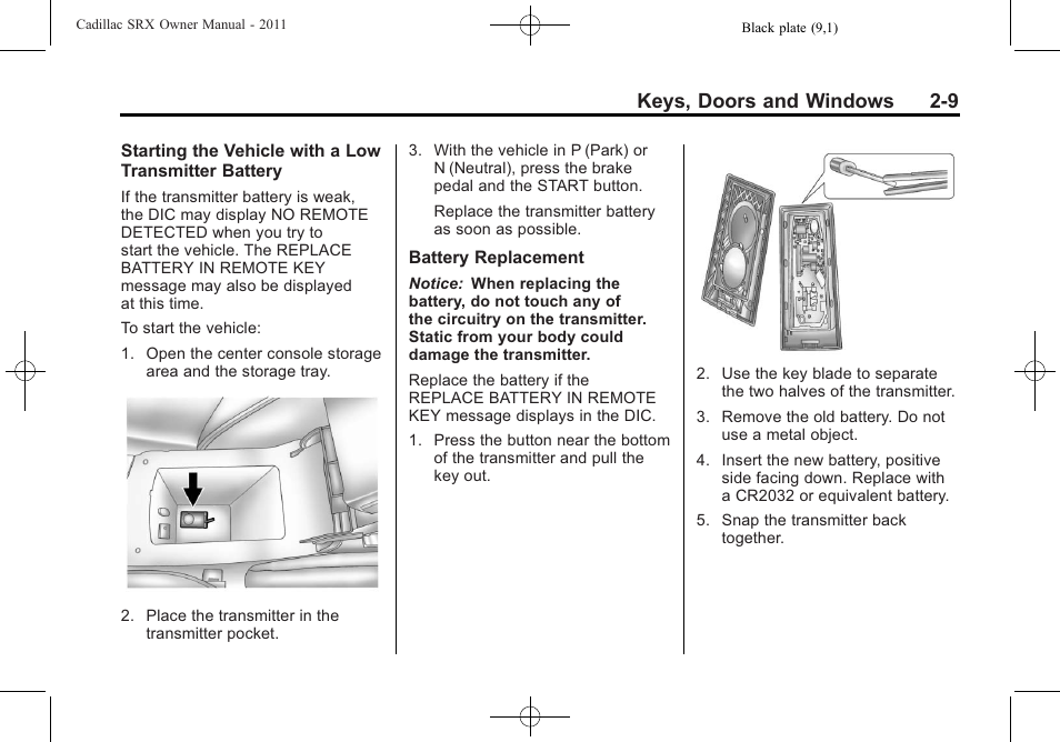 Keys, doors and windows 2-9 | Cadillac 2011 SRX User Manual | Page 43 / 502